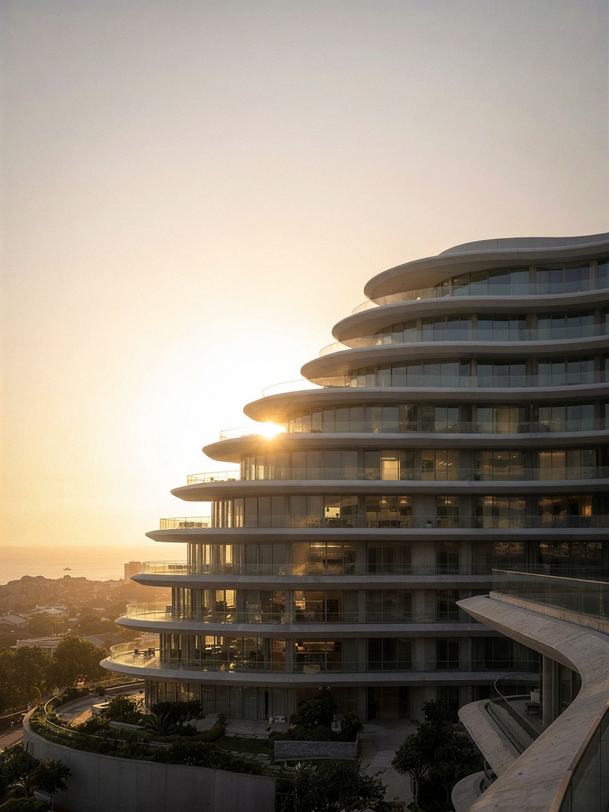 Empreendimento residencial curvilíneo à beira-mar iluminado pelo pôr do sol