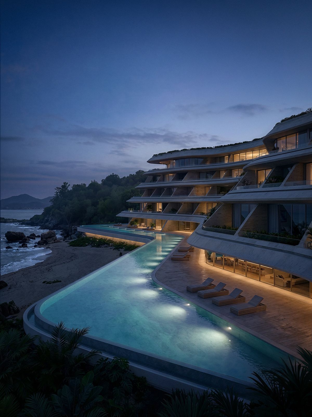 Deck e piscina iluminados de um resort litorâneo em cena noturna