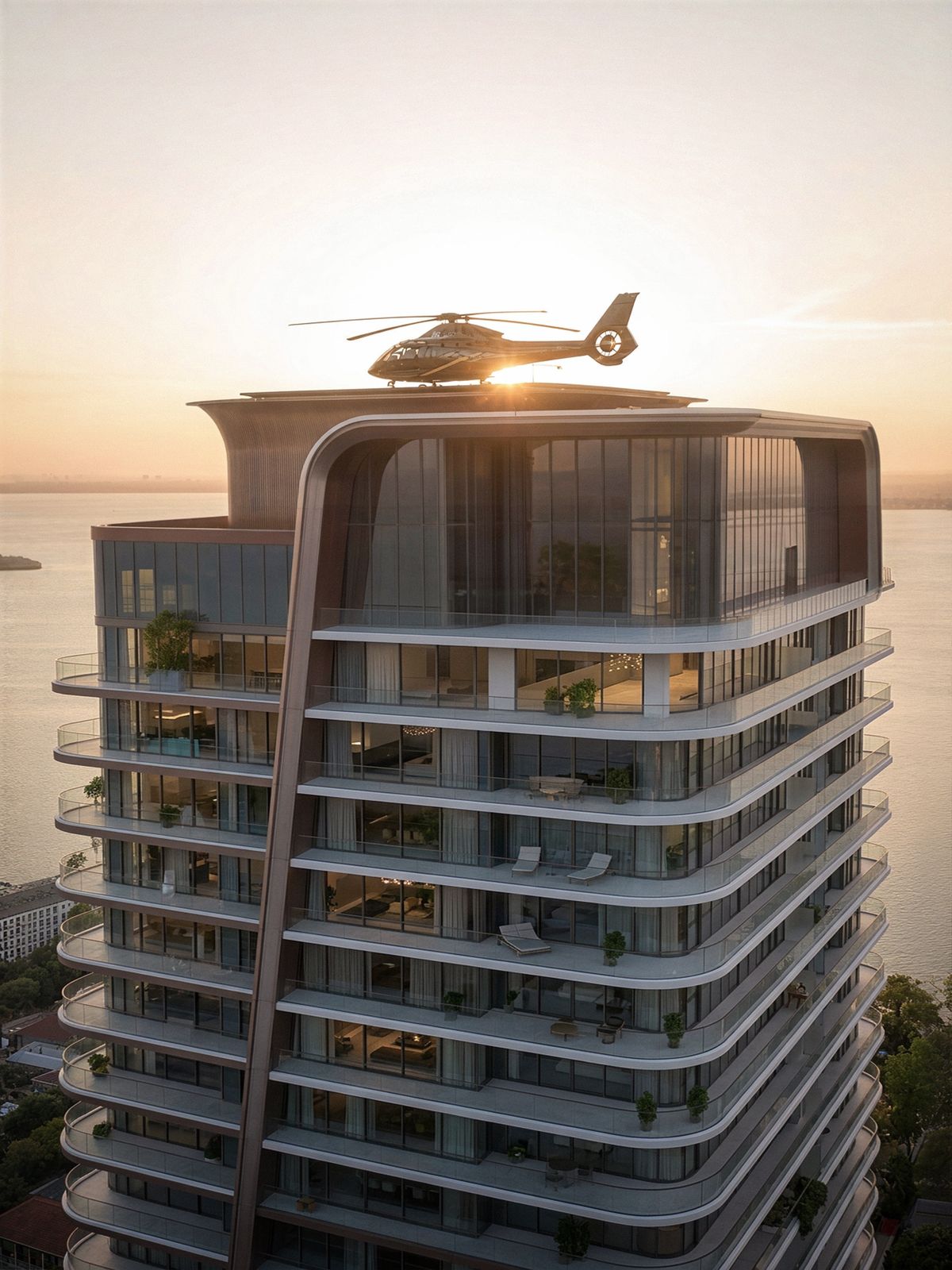 Edifício de arquitetura contemporânea com heliponto ao topo durante o amanhecer