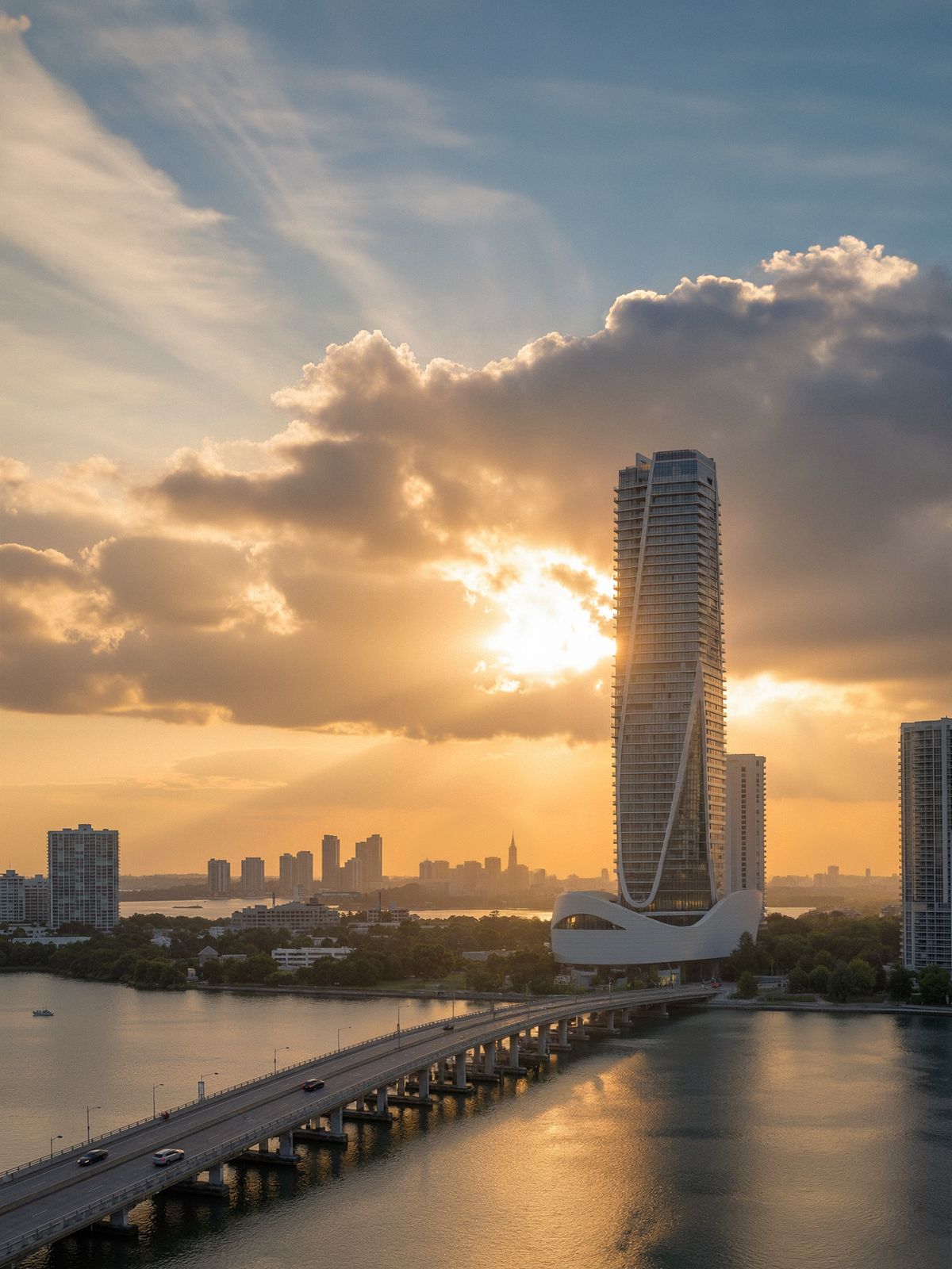 Skyline urbano banhado por luz dourada ao amanhecer