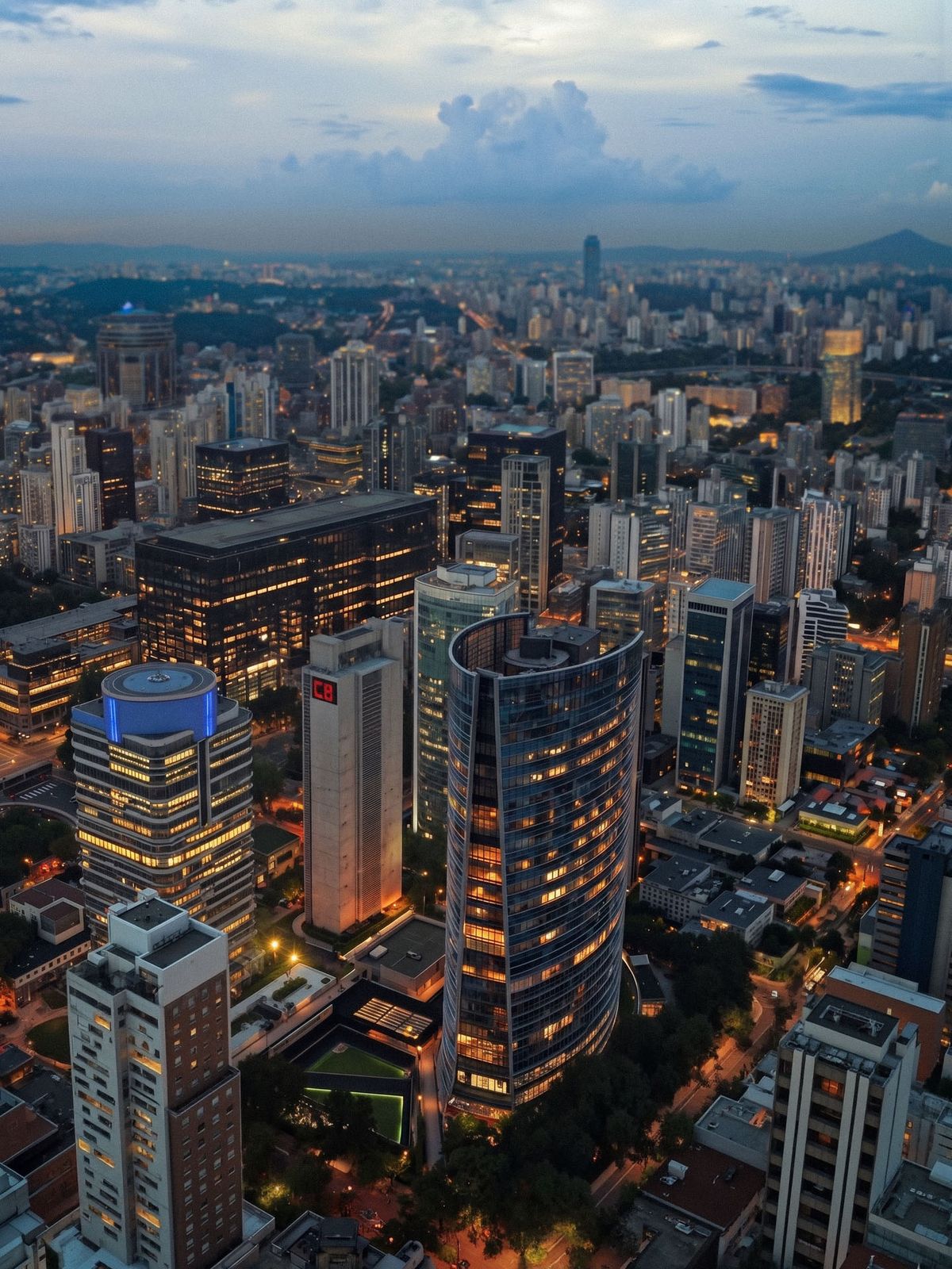 Cena urbana ao entardecer com nuvens douradas sobre a cidade