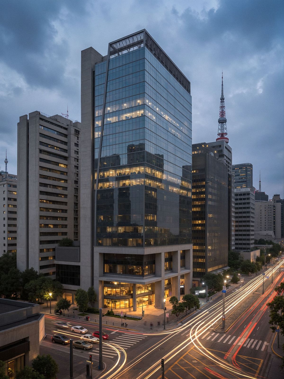 Cruzamento urbano ao entardecer com edifícios corporativos