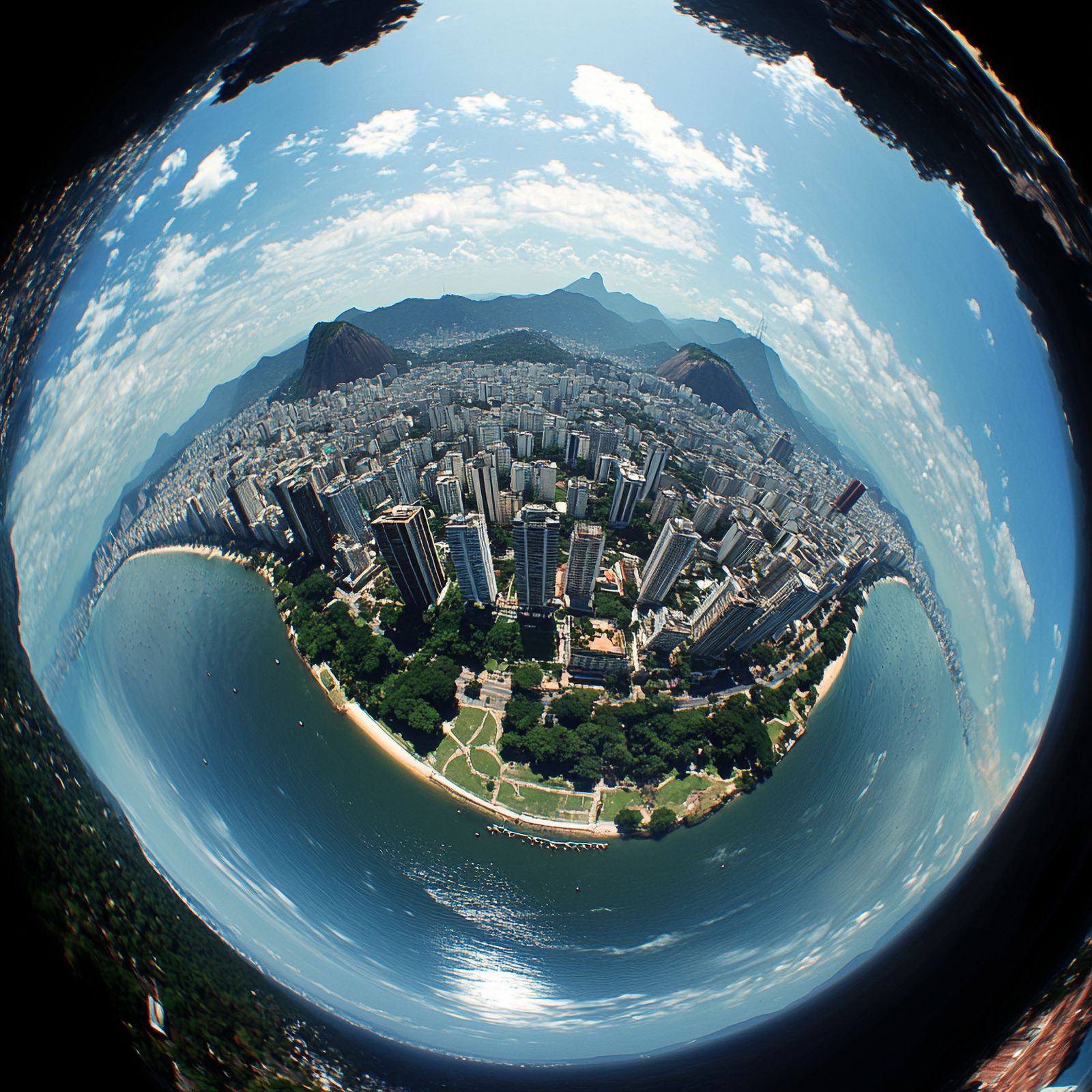 Rio de Janeiro em projeção little planet com lente olho de peixe — experiência imersiva 360°